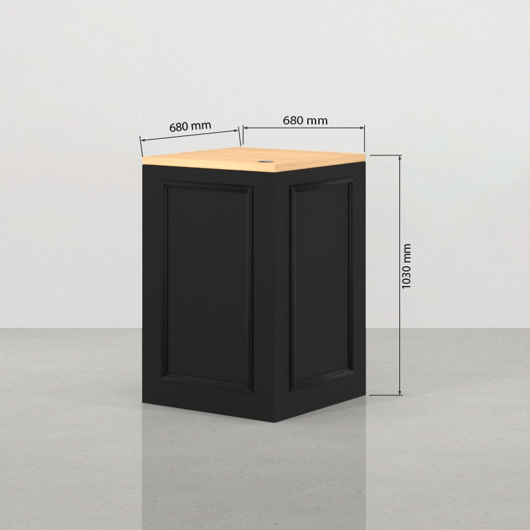 Medidas frontales del mostrador para tienda Hoffman negro 68 x 68 cm