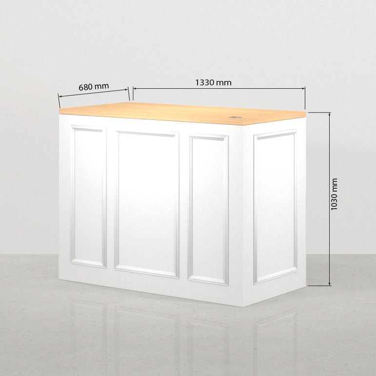 Medidas frontales del mostrador tienda Hoffman blanco 133 x 68 cm