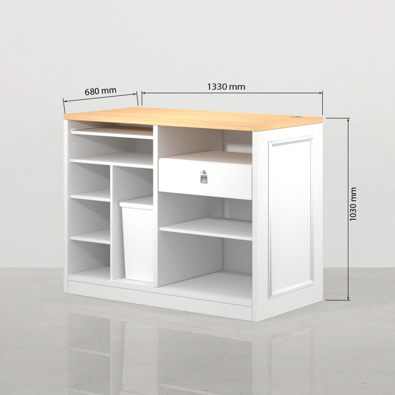 Medidas de mostrador para tienda Hoffman blanco 133 x 68 cm por detrás