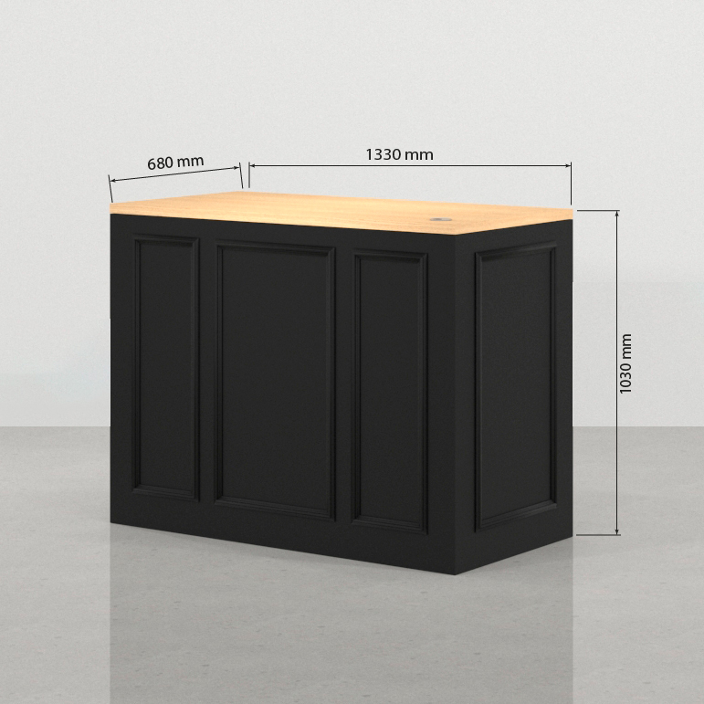Medidas frontales del mostrador de madera Hoffman negro 133 x 68 cm