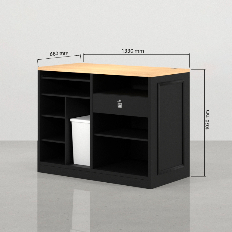 Medidas traseras del mostrador para tienda Hoffman negro 133 x 68 cm