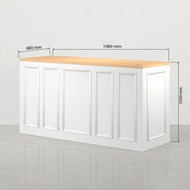 Medidas frontales del mostrador blanco Hoffman 198 x 68 cm