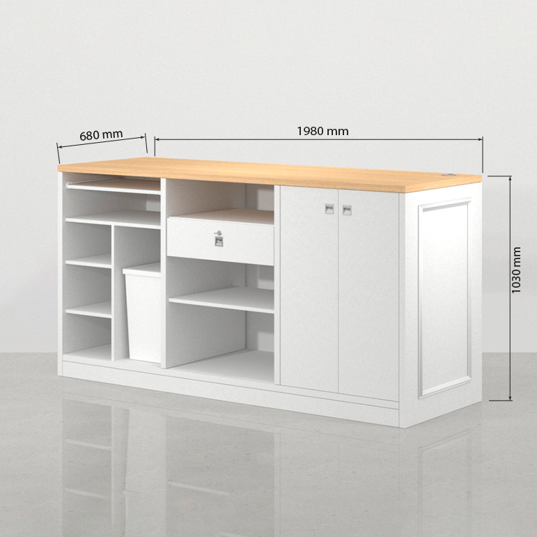 Medidas traseras del mostrador para tienda Hoffman blanco 198 x 68 cm