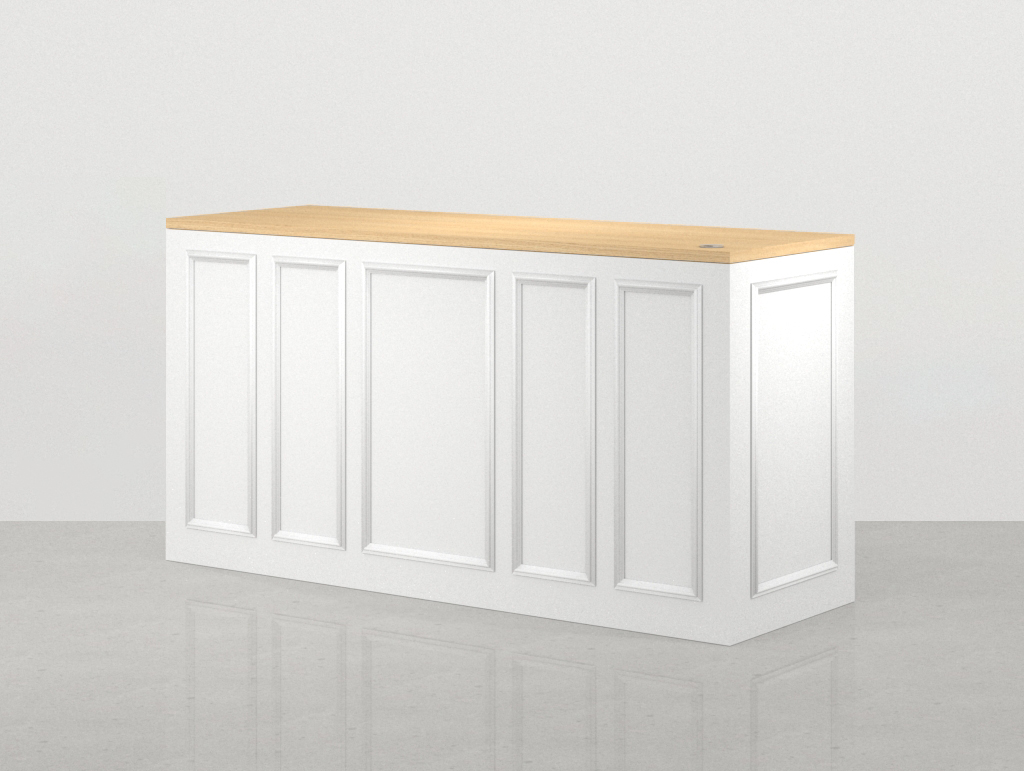 Vista lateral del frontal del mostrador de madera Hoffman blanco