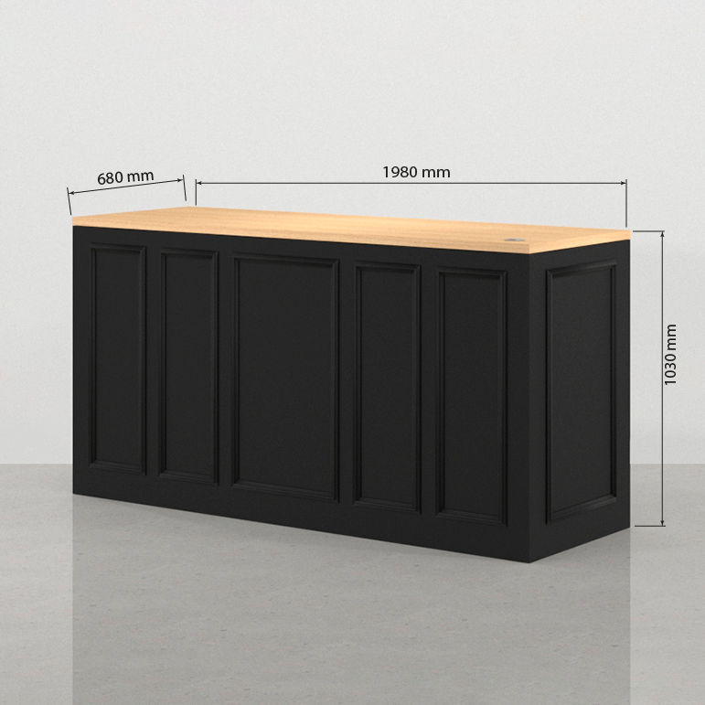Medidas frontales del mostrador Hoffman negro 198 x 98 cm, mostrador de madera para tienda con molduras y encimera Roble Vicenza