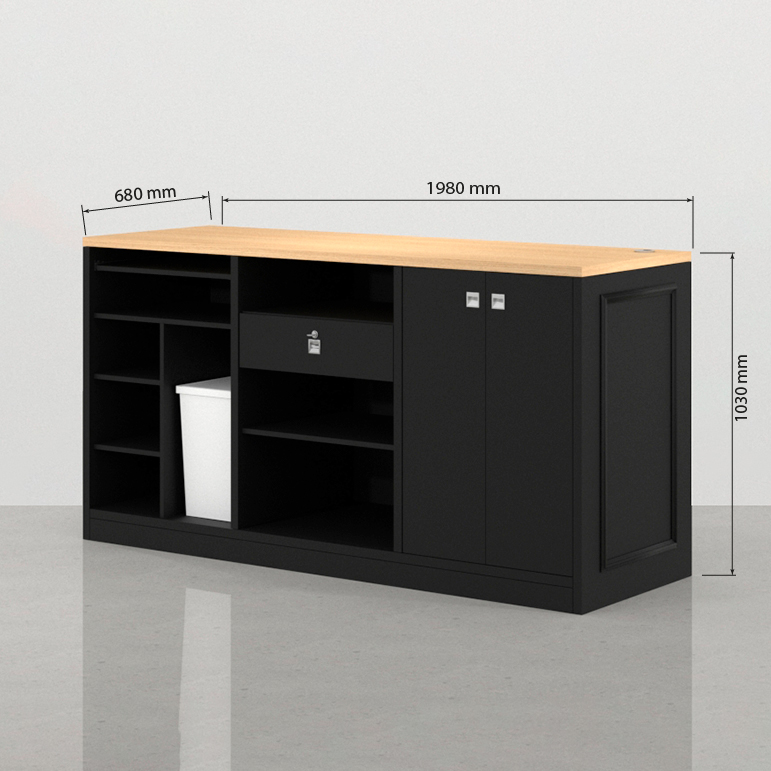Medidas traseras del mostrador Hoffman negro 198 x 68 cm, mostrador para tienda de ropa de gran formato con diseño clásico moderno
