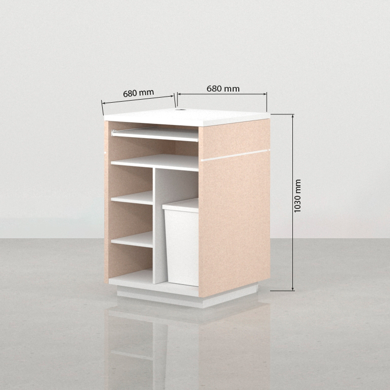 Medidas traseras del mostrador pequeño Koolhaas blanco y acacia 68 x 68 cm