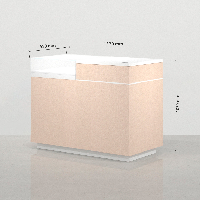 Medidas frontales del mostrador blanco Koolhaas con vitrina 133 x 68 cm