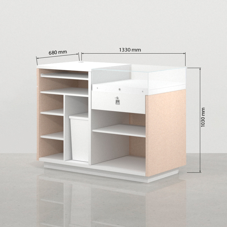 Medidas traseras del mostrador con vitrina Koolhaas acacia y blanco 133 x 68 cm