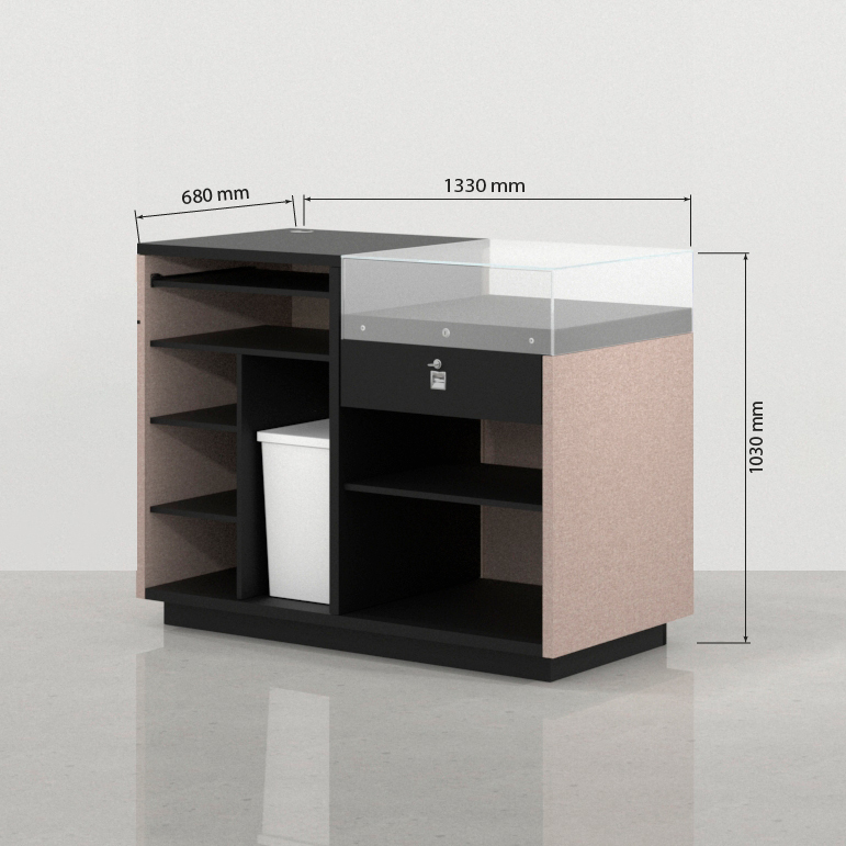 Mostrador Koolhaas con vitrina – 133 x 68 cm – espiga pimienta y negro medidas