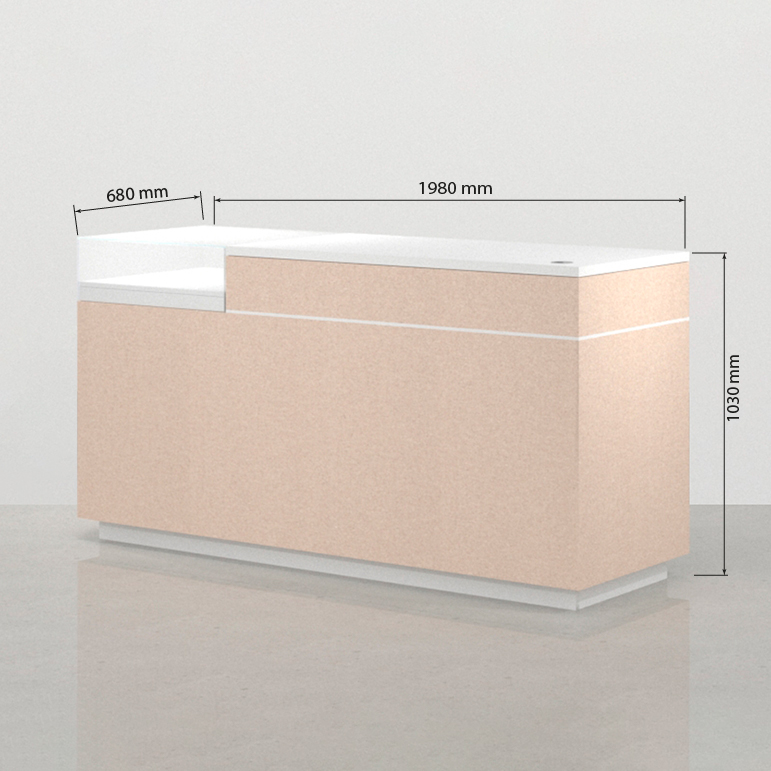 Mostrador con vitrina Koolhaas 133 x 68 cm, vista frontal en acabado acacia y blanco