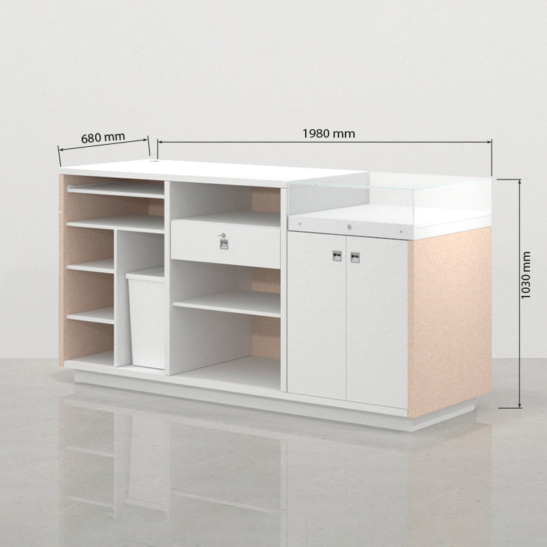 Mostrador con vitrina Koolhaas 133 x 68 cm, vista trasera en acabado acacia y blanco