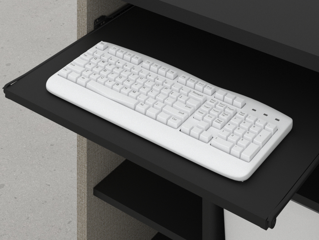 Detalle de bandeja para teclado en mostrador Meier, solución técnica integrada para zona de trabajo ordenada y operativa