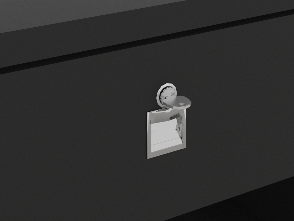 Detalle de cajón con cerradura en mostrador Meier, mostrador de madera para tienda con módulo de seguridad para efectivo y documentación
