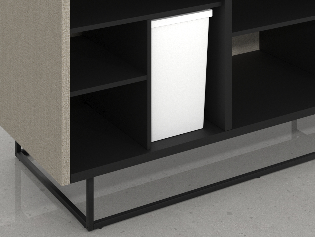 Detalle de módulo para papelera en mostrador Meier, mostrador para tienda de madera con compartimento oculto para mantener el orden visual