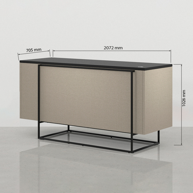 Vista frontal del mostrador Meier para tienda, diseño industrial de 207 x 70 cm, estructura metálica y gran presencia visual