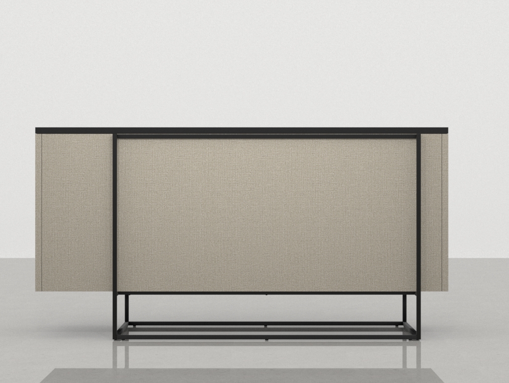 Perspectiva delantera frontal del mostrador Meier 207 x 70 cm, uno de los mostradores originales para tiendas con estructura metálica y frontal de madera