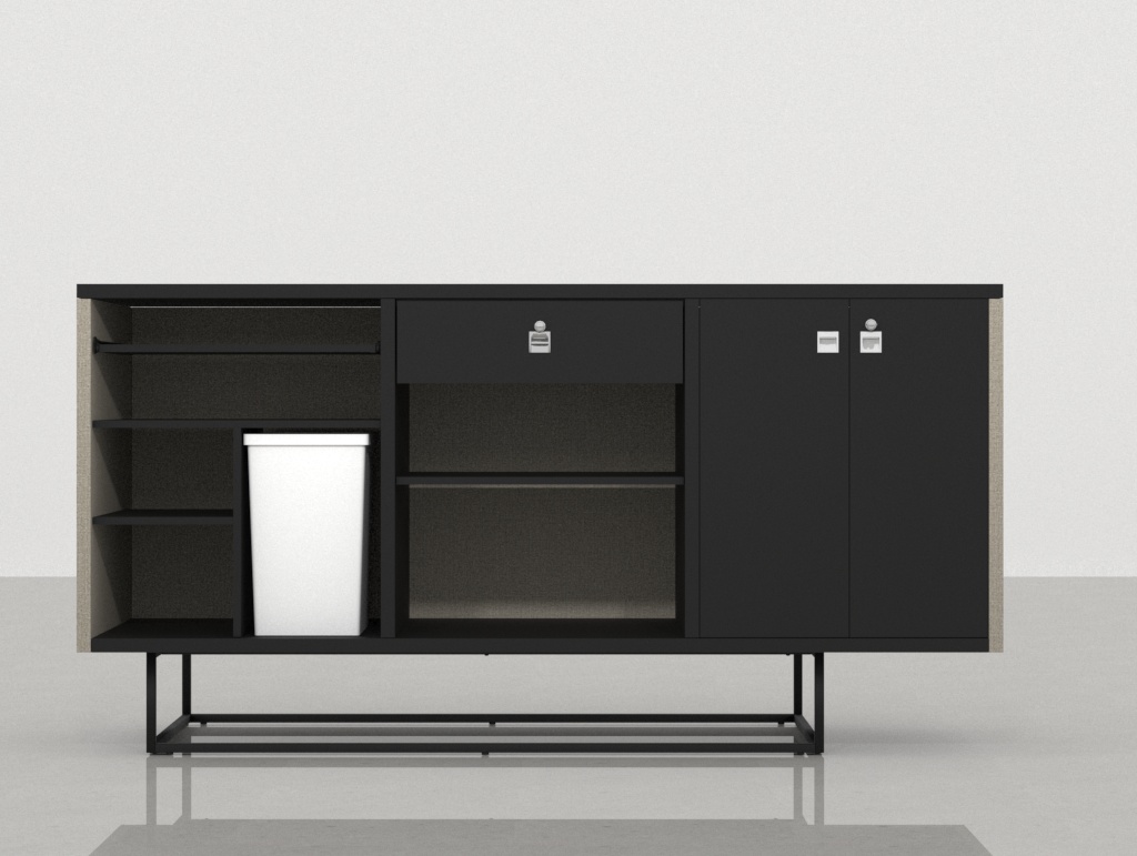 Perspectiva trasera frontal del mostrador Meier, mostrador para tienda de madera con módulos interiores, almacenaje técnico y diseño de mostradores para comercio