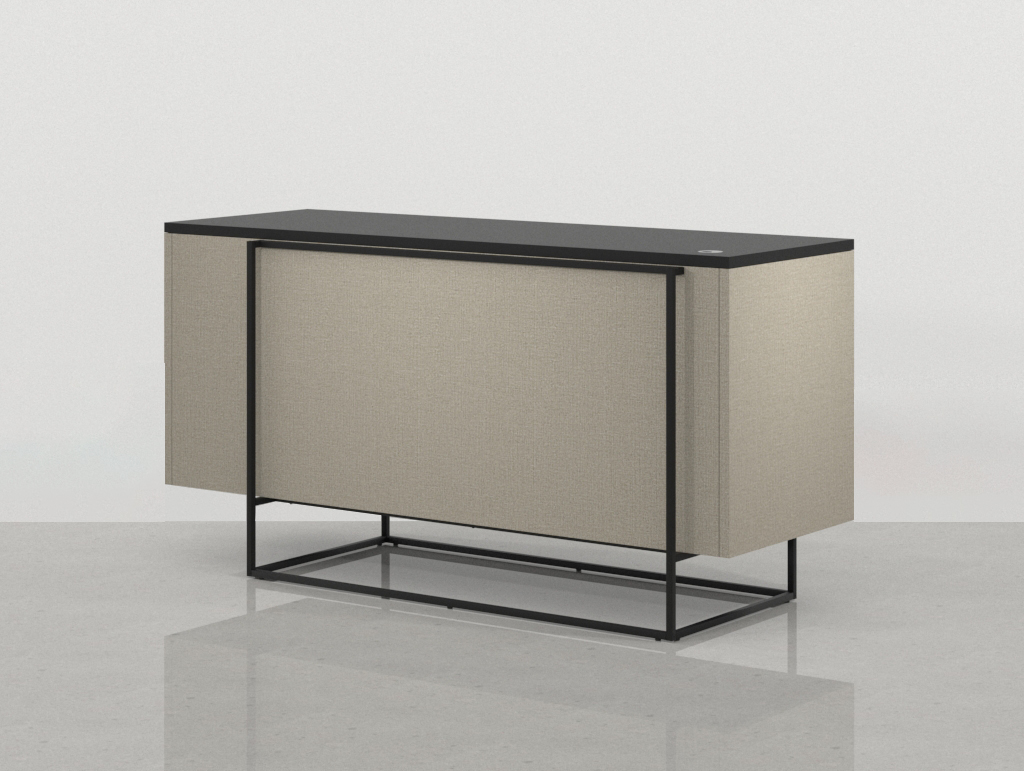 Vista frontal lateral del mostrador Meier, mostrador industrial con estructura metálica negra y cuerpo en Canvas Pardo